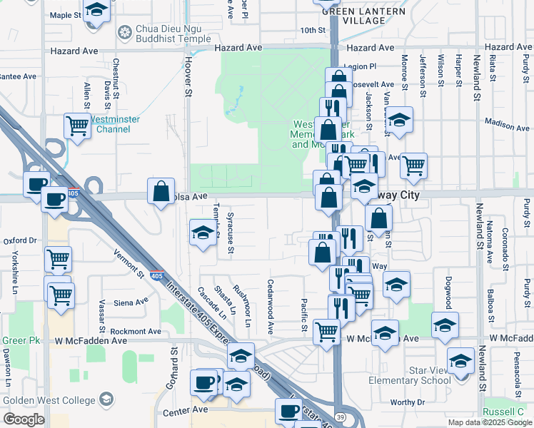 map of restaurants, bars, coffee shops, grocery stores, and more near 7750 Bolsa Avenue in Midway City