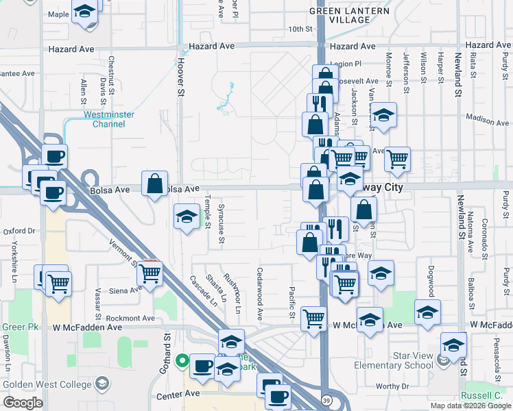 map of restaurants, bars, coffee shops, grocery stores, and more near 7750 Bolsa Avenue in Midway City