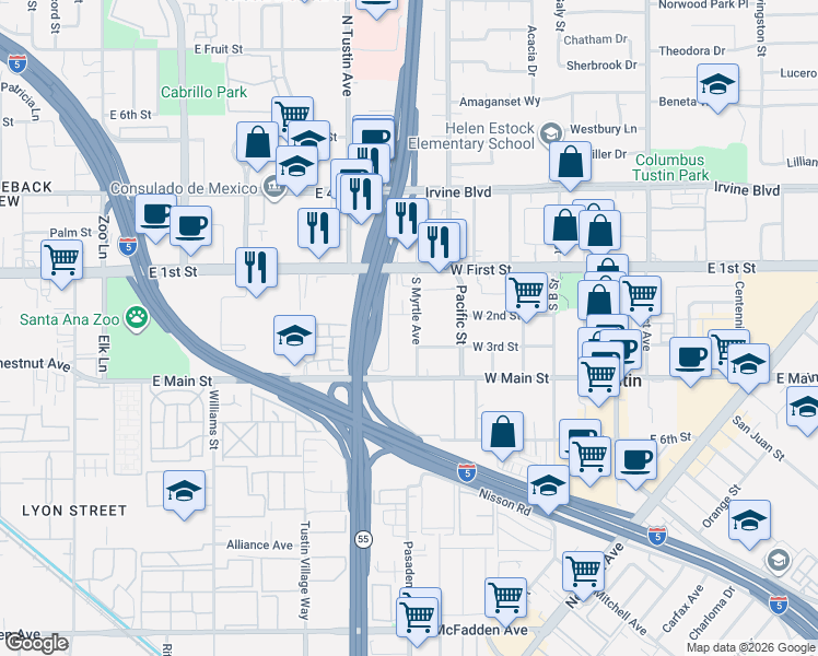 map of restaurants, bars, coffee shops, grocery stores, and more near 740 West 2nd Street in Tustin