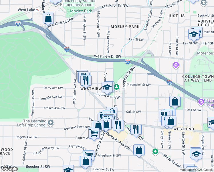 map of restaurants, bars, coffee shops, grocery stores, and more near 422 Altoona Place Southwest in Atlanta