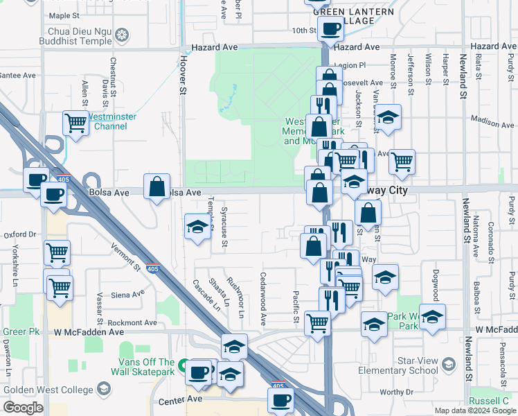 map of restaurants, bars, coffee shops, grocery stores, and more near 7750 Bolsa Avenue in Midway City