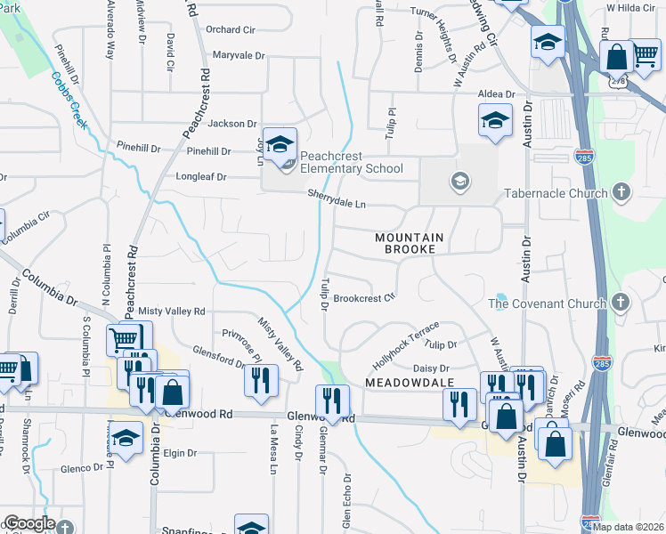 map of restaurants, bars, coffee shops, grocery stores, and more near 3594 Hillsborough Lane in Decatur