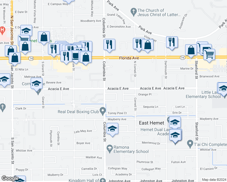 map of restaurants, bars, coffee shops, grocery stores, and more near 41084 Alder Avenue in Hemet