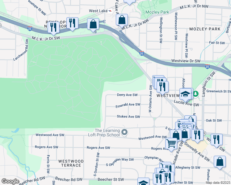 map of restaurants, bars, coffee shops, grocery stores, and more near 1735 Derry Avenue Southwest in Atlanta