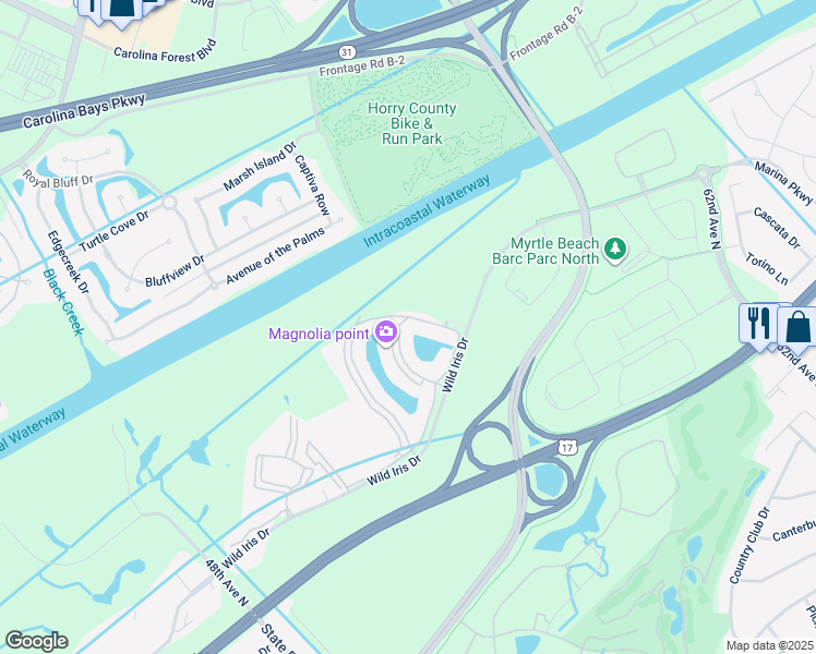 map of restaurants, bars, coffee shops, grocery stores, and more near 4855 Luster Leaf Circle in Myrtle Beach