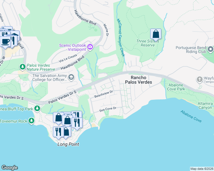 map of restaurants, bars, coffee shops, grocery stores, and more near 6509 Sandy Point Court in Rancho Palos Verdes
