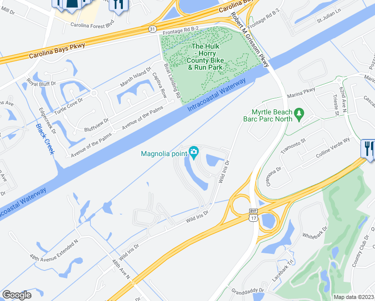 map of restaurants, bars, coffee shops, grocery stores, and more near 4861 Luster Leaf Circle in Myrtle Beach