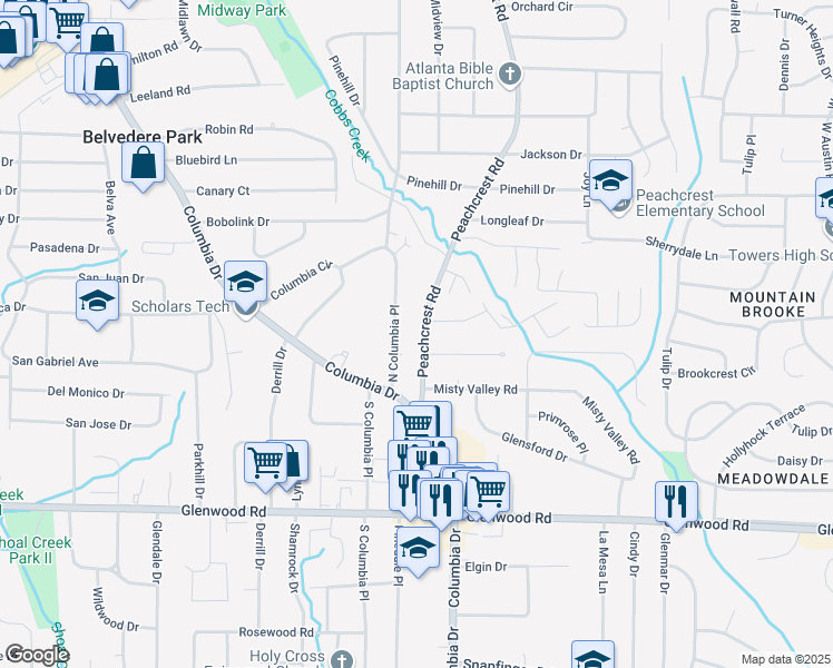 map of restaurants, bars, coffee shops, grocery stores, and more near 1651 Peachcrest Road in Decatur