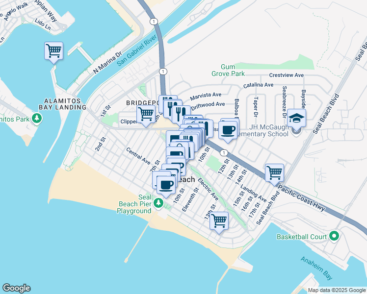 map of restaurants, bars, coffee shops, grocery stores, and more near 314 8th Street in Seal Beach