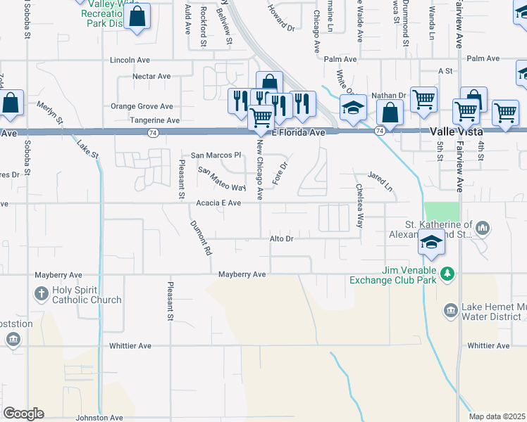 map of restaurants, bars, coffee shops, grocery stores, and more near 26030 New Chicago Avenue in Hemet