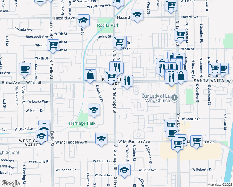map of restaurants, bars, coffee shops, grocery stores, and more near 201 South Newhope Street in Santa Ana