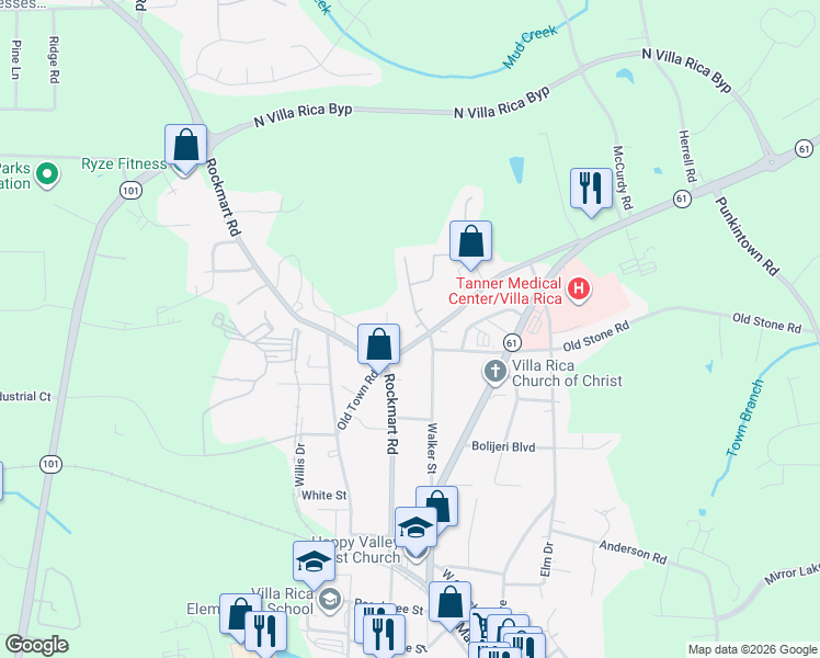 map of restaurants, bars, coffee shops, grocery stores, and more near 207 Milford Place in Villa Rica
