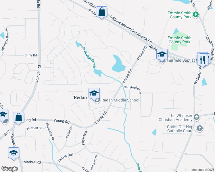 map of restaurants, bars, coffee shops, grocery stores, and more near 5691 Tunbridge Wells Road in Lithonia