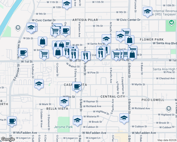 map of restaurants, bars, coffee shops, grocery stores, and more near 1725 West Pine Street in Santa Ana