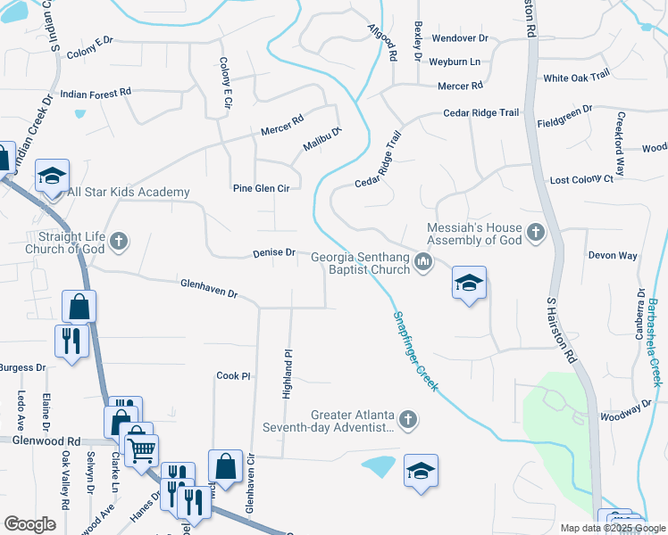 map of restaurants, bars, coffee shops, grocery stores, and more near 4508 Denise Drive in Decatur