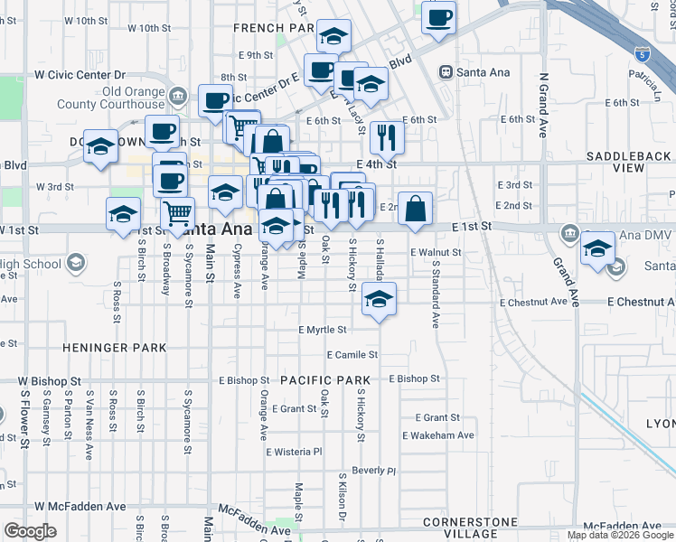 map of restaurants, bars, coffee shops, grocery stores, and more near 515 East Pine Street in Santa Ana