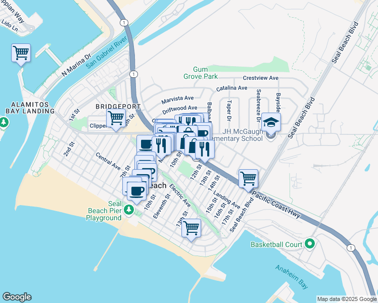 map of restaurants, bars, coffee shops, grocery stores, and more near 1065 Pacific Coast Highway in Seal Beach