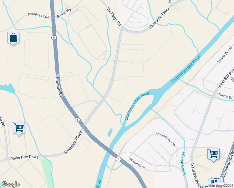 map of restaurants, bars, coffee shops, grocery stores, and more near 375 Riverside Parkway in Lithia Springs