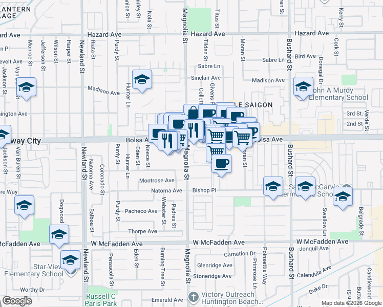 map of restaurants, bars, coffee shops, grocery stores, and more near 15065 Henley Drive in Westminster