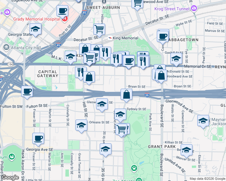 map of restaurants, bars, coffee shops, grocery stores, and more near 387 Oakland Avenue Southeast in Atlanta