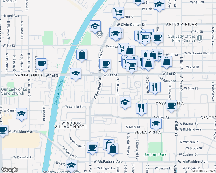 map of restaurants, bars, coffee shops, grocery stores, and more near 206 South Sullivan Street in Santa Ana