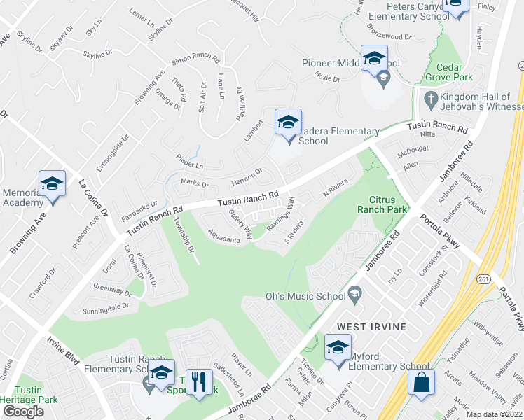 map of restaurants, bars, coffee shops, grocery stores, and more near 245 Gallery Way in Tustin