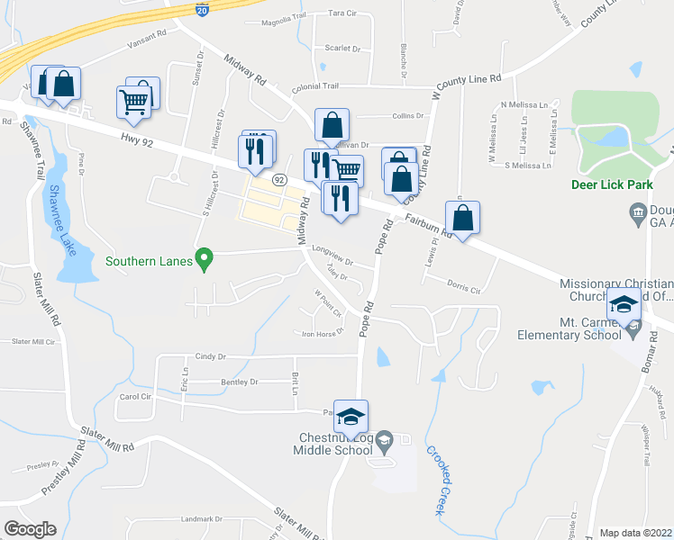 map of restaurants, bars, coffee shops, grocery stores, and more near 2204 Tuley Drive in Douglasville