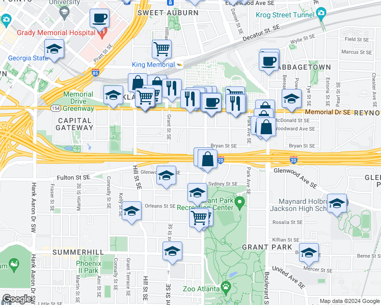 map of restaurants, bars, coffee shops, grocery stores, and more near 398 Oakland Avenue Southeast in Atlanta