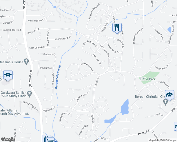 map of restaurants, bars, coffee shops, grocery stores, and more near 1642 Golf Overlook in Stone Mountain