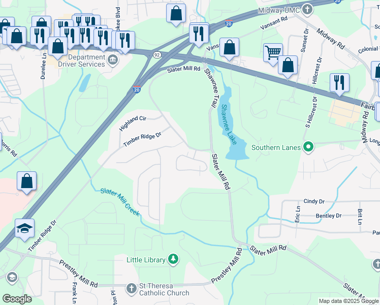 map of restaurants, bars, coffee shops, grocery stores, and more near 1402 Haven Circle in Douglasville