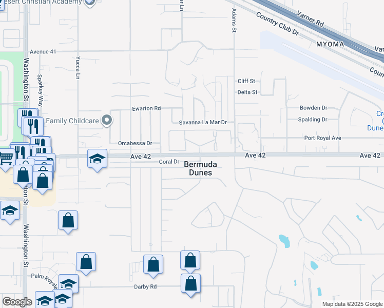map of restaurants, bars, coffee shops, grocery stores, and more near 78650 Avenue 42 in Bermuda Dunes