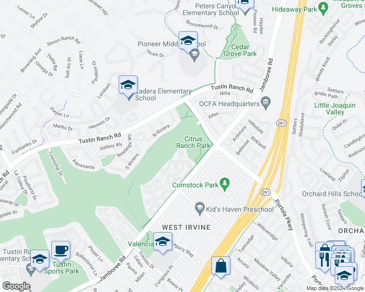map of restaurants, bars, coffee shops, grocery stores, and more near 2910 Portola Parkway in Tustin