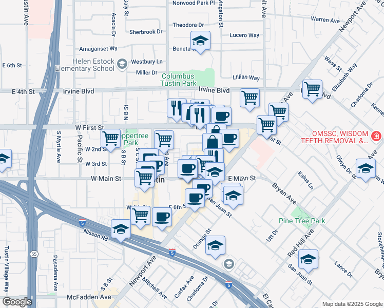 map of restaurants, bars, coffee shops, grocery stores, and more near 340 East 2nd Street in Tustin