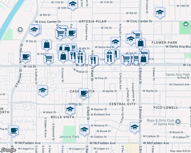 map of restaurants, bars, coffee shops, grocery stores, and more near 1725 West Pine Street in Santa Ana