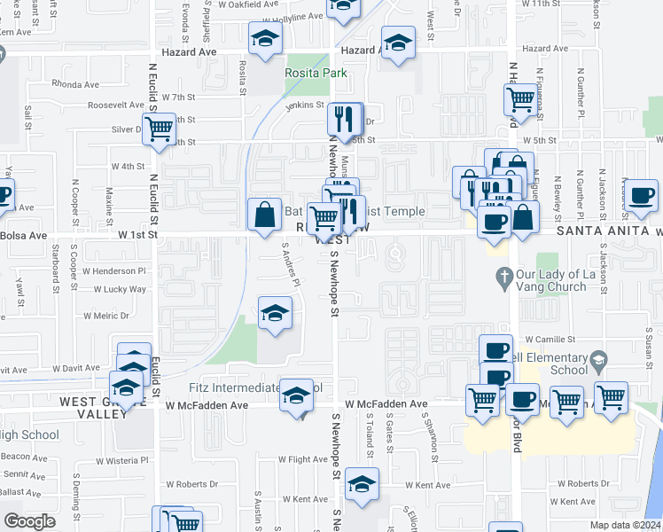 map of restaurants, bars, coffee shops, grocery stores, and more near 201 South Newhope Street in Santa Ana