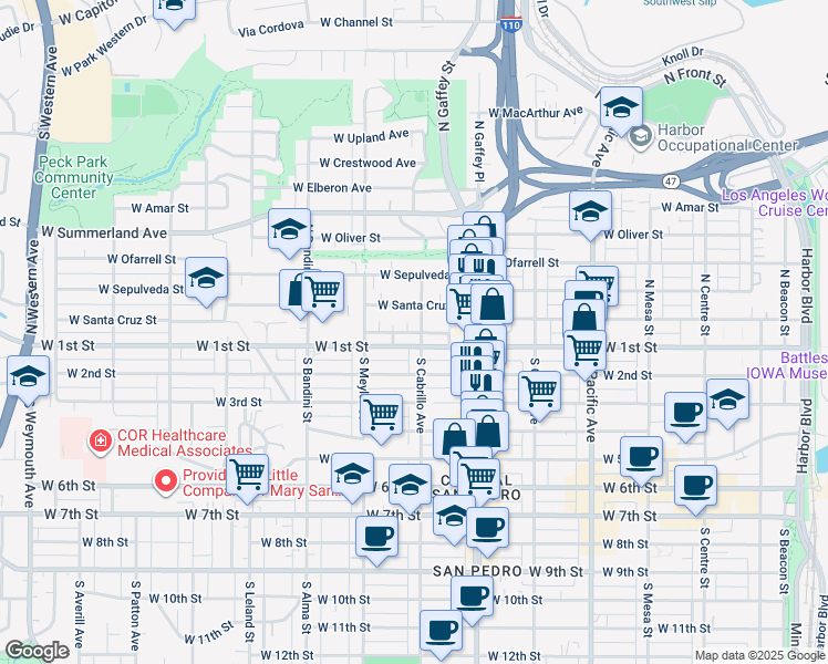 map of restaurants, bars, coffee shops, grocery stores, and more near 138 North Cabrillo Avenue in Los Angeles