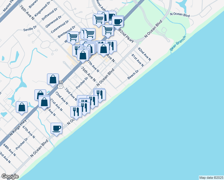 map of restaurants, bars, coffee shops, grocery stores, and more near 201 77th Avenue North in Myrtle Beach