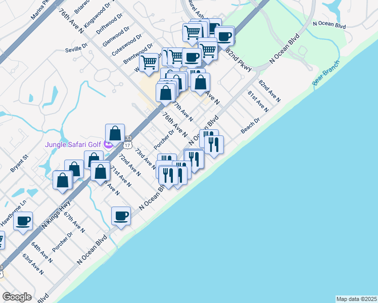 map of restaurants, bars, coffee shops, grocery stores, and more near 219 76th Avenue North in Myrtle Beach