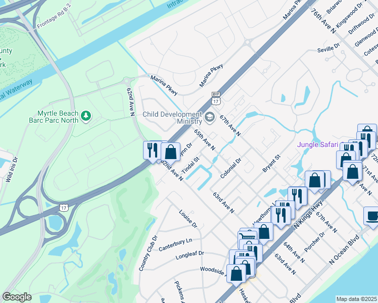 map of restaurants, bars, coffee shops, grocery stores, and more near 6211 Blynn Drive in Myrtle Beach