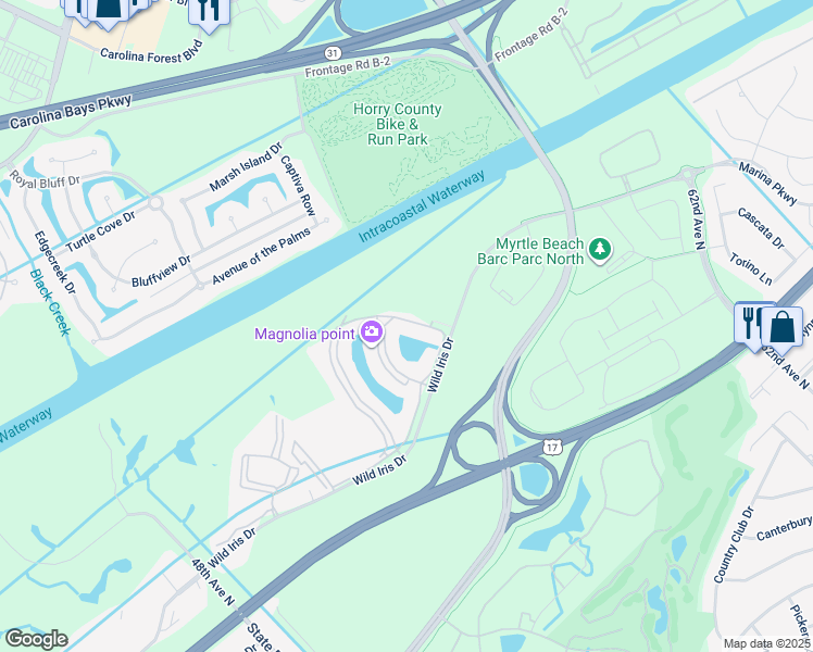 map of restaurants, bars, coffee shops, grocery stores, and more near 4847 Luster Leaf Circle in Myrtle Beach