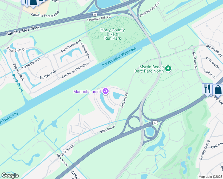 map of restaurants, bars, coffee shops, grocery stores, and more near 4855 Luster Leaf Circle in Myrtle Beach