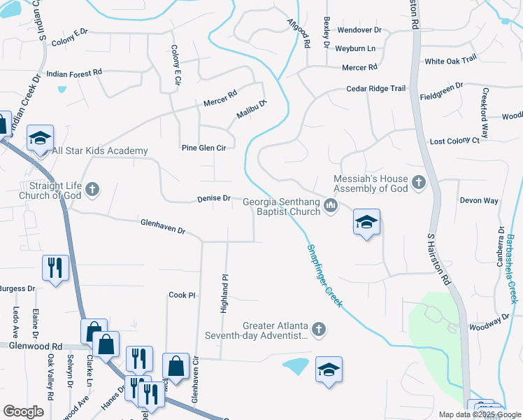 map of restaurants, bars, coffee shops, grocery stores, and more near 4508 Denise Drive in Decatur