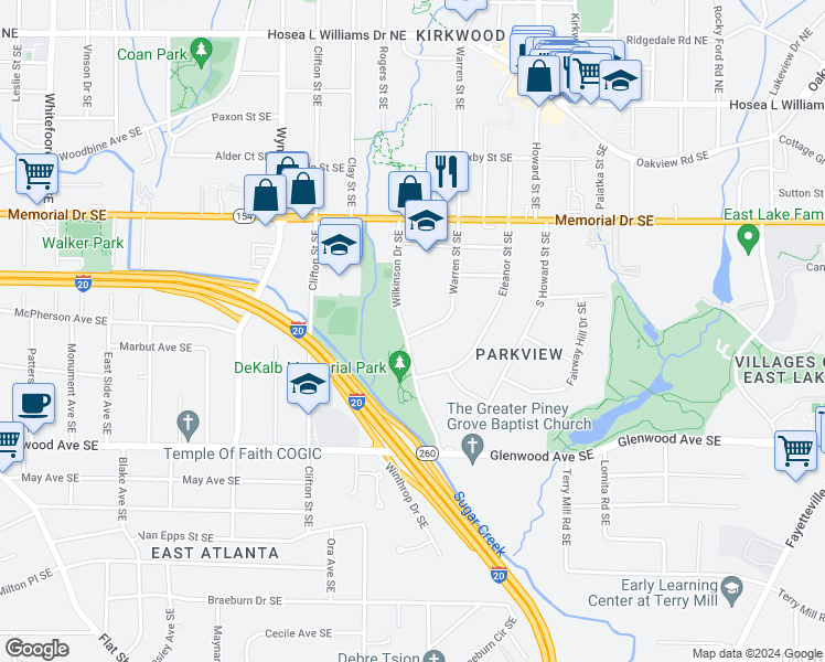 map of restaurants, bars, coffee shops, grocery stores, and more near 316 Wilkinson Drive Southeast in Atlanta