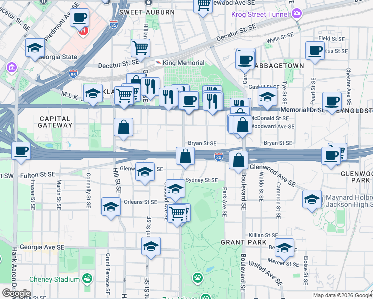 map of restaurants, bars, coffee shops, grocery stores, and more near 396 Cherokee Avenue Southeast in Atlanta