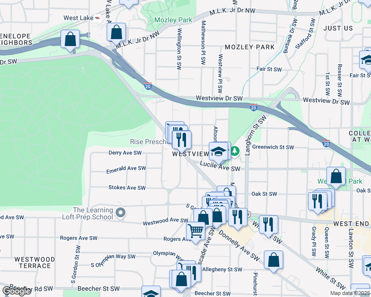 map of restaurants, bars, coffee shops, grocery stores, and more near 1549 Ralph David Abernathy Freeway in Atlanta