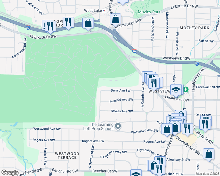 map of restaurants, bars, coffee shops, grocery stores, and more near 1735 Derry Avenue Southwest in Atlanta
