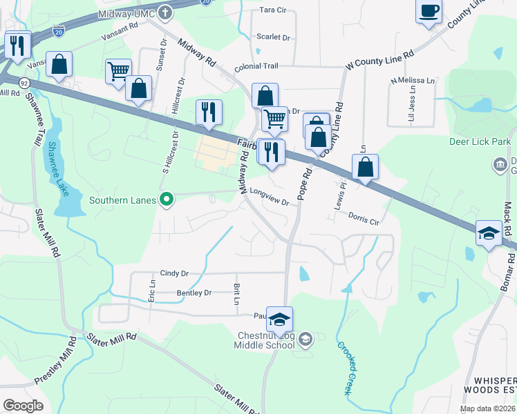 map of restaurants, bars, coffee shops, grocery stores, and more near 2195 Tuley Drive in Douglasville