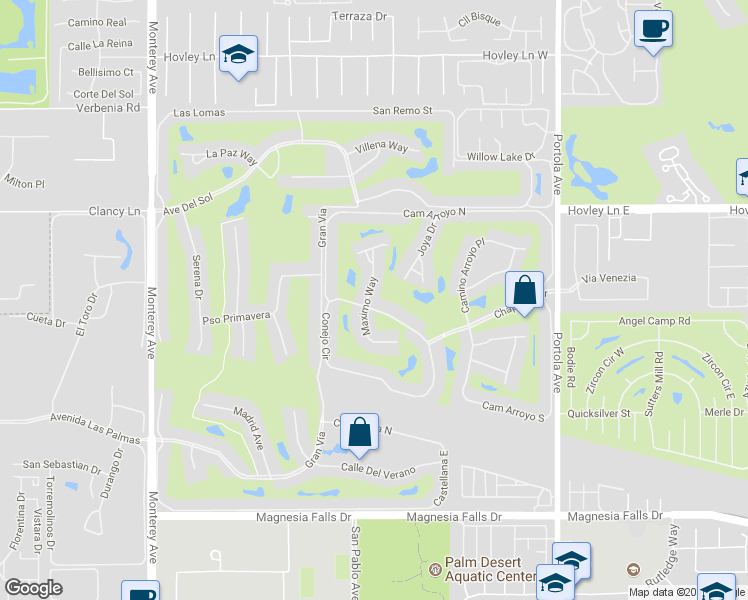 map of restaurants, bars, coffee shops, grocery stores, and more near 6 Maximo Way in Palm Desert