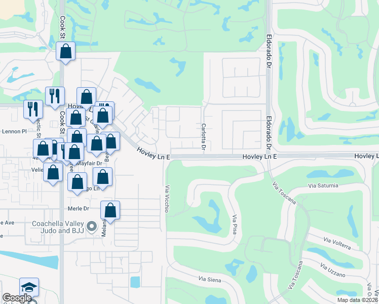 map of restaurants, bars, coffee shops, grocery stores, and more near 75565 Dempsey Drive in Palm Desert