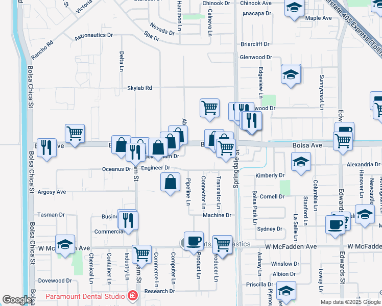 map of restaurants, bars, coffee shops, grocery stores, and more near 5762 Bolsa Avenue in Huntington Beach